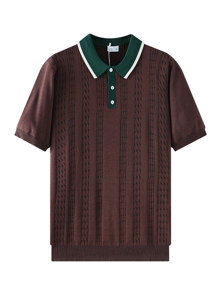 2026 verano nuevo hombre polo de punto de color contraste manga corta con collar de tela de corteza texturas de negocios chaqueta casual para hombre