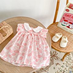 Ins 2023 Summer Girls Baby 0-3 Years Old Toddler Leaf Collar Printed Full Cotton Short Sleeve Dress
