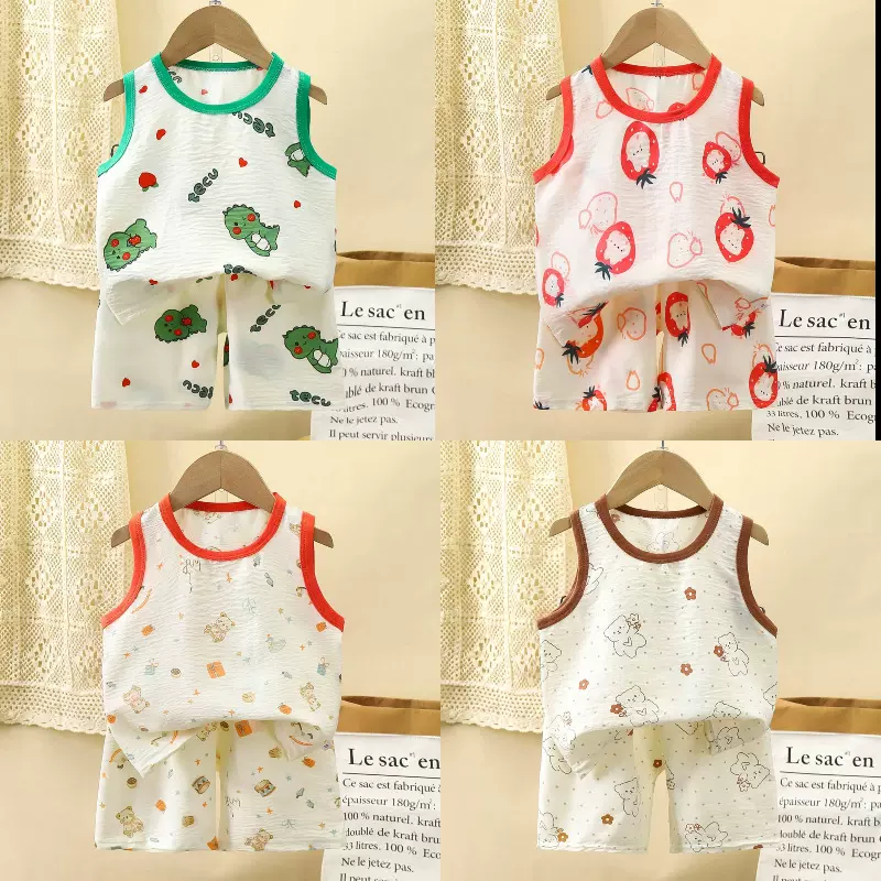 儿童背心套装韩版男童夏季无袖上衣套装女童宝宝卡通薄款短裤童装