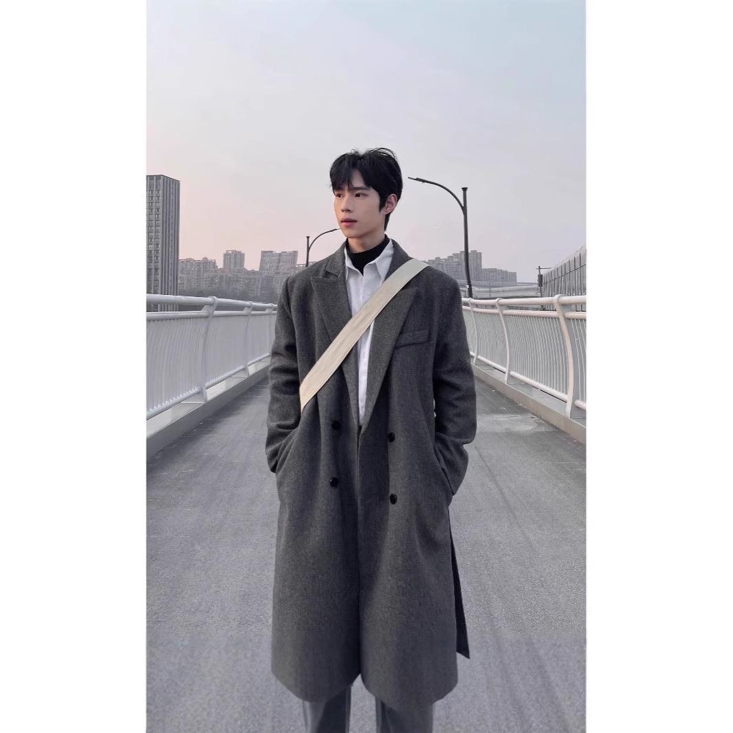 겨울 모직 코트 남자의 중간 길이 무릎 길이 세트 칼라 더블 브레스트 모직 윈드 브레이커 코트가 유행에 두껍게