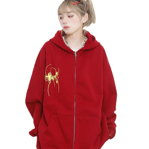 Fun Spider Color Blocking Full Print Minimalist Zip-Up Hoodie Streetwear Loose Hooded Sweatshirt Outerwear
