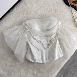白色重工珍珠抹胸上衣女高级感修身显瘦胸衣上衣