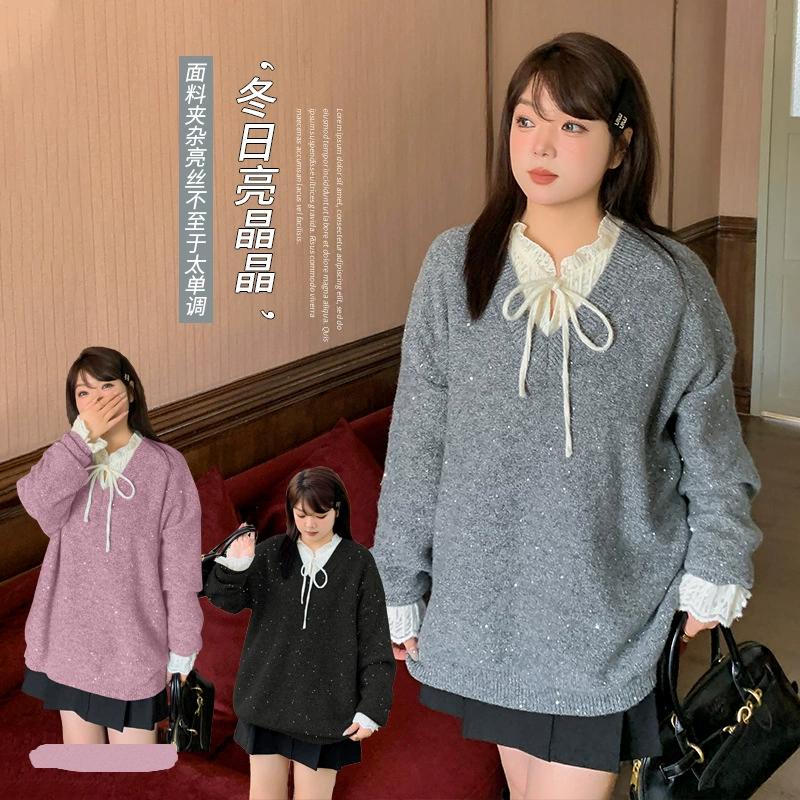 Eno женский трикотаж больших размеров в ленивом стиле с v-образным вырезом и пайетками, новый зимний нежный трикотаж 421864