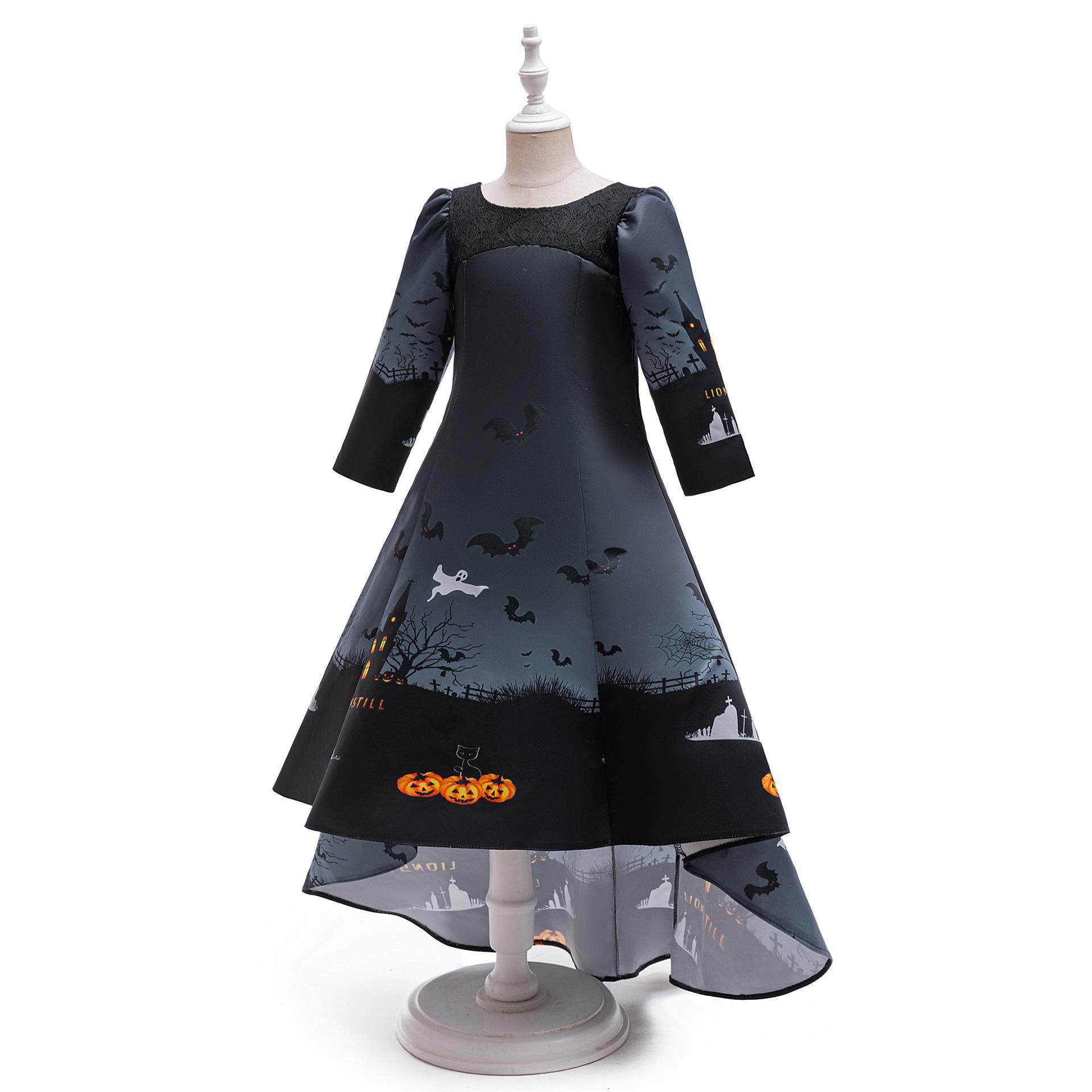 Nuevo cross-border Halloween impresión coswear vestido de satin de manga larga niñas Halloween vestido largo