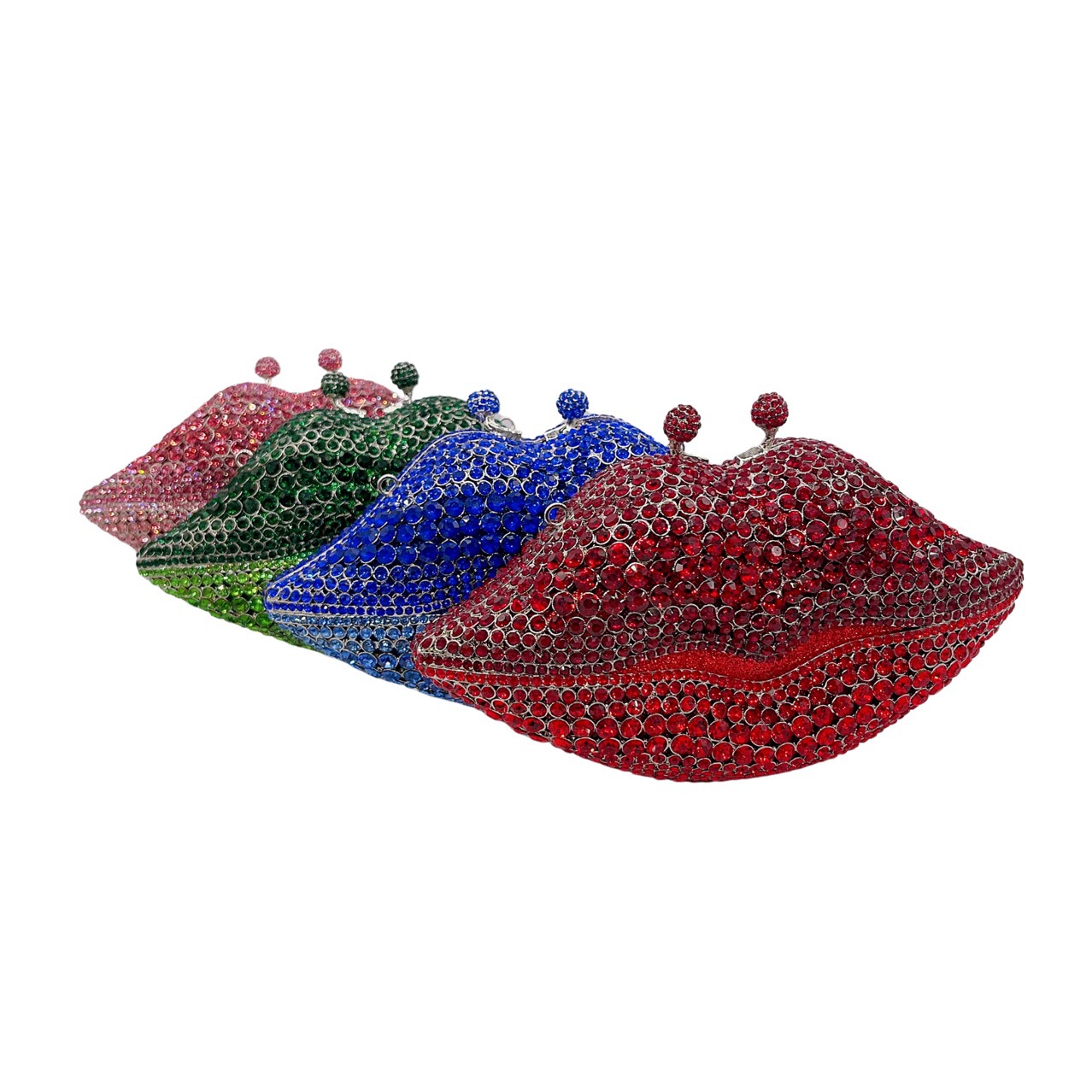 Túi clutch nữ đính đá dạ hội viền môi kim loại — màu đỏ đậm, Màu đỏ, Màu xanh lá, Màu xanh lam chi tiết 2