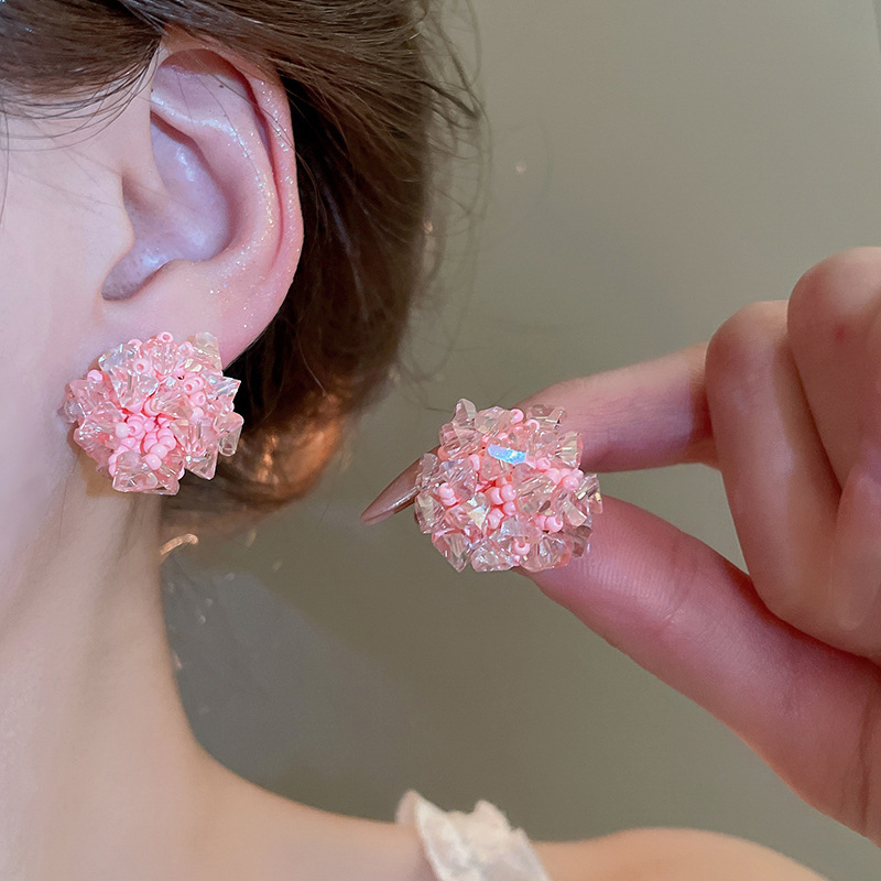 Pendientes de borla de cristal de hilo de malla de pétalo de aguja de plata Pendientes de estilo de vacaciones de playa dulce rosa Pendientes de moda de temperamento Mujer