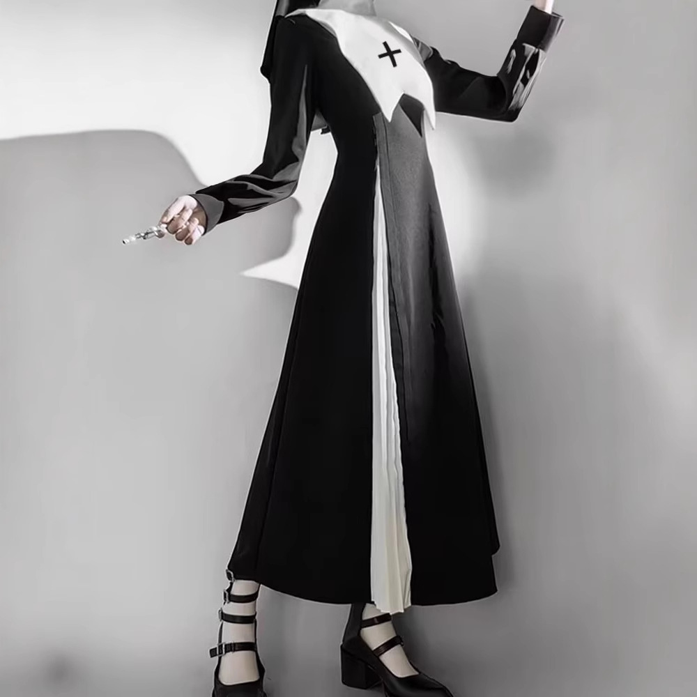 黑白修女暗黑哥特风lolita连衣裙洛丽塔日常万圣节服饰cos服套装