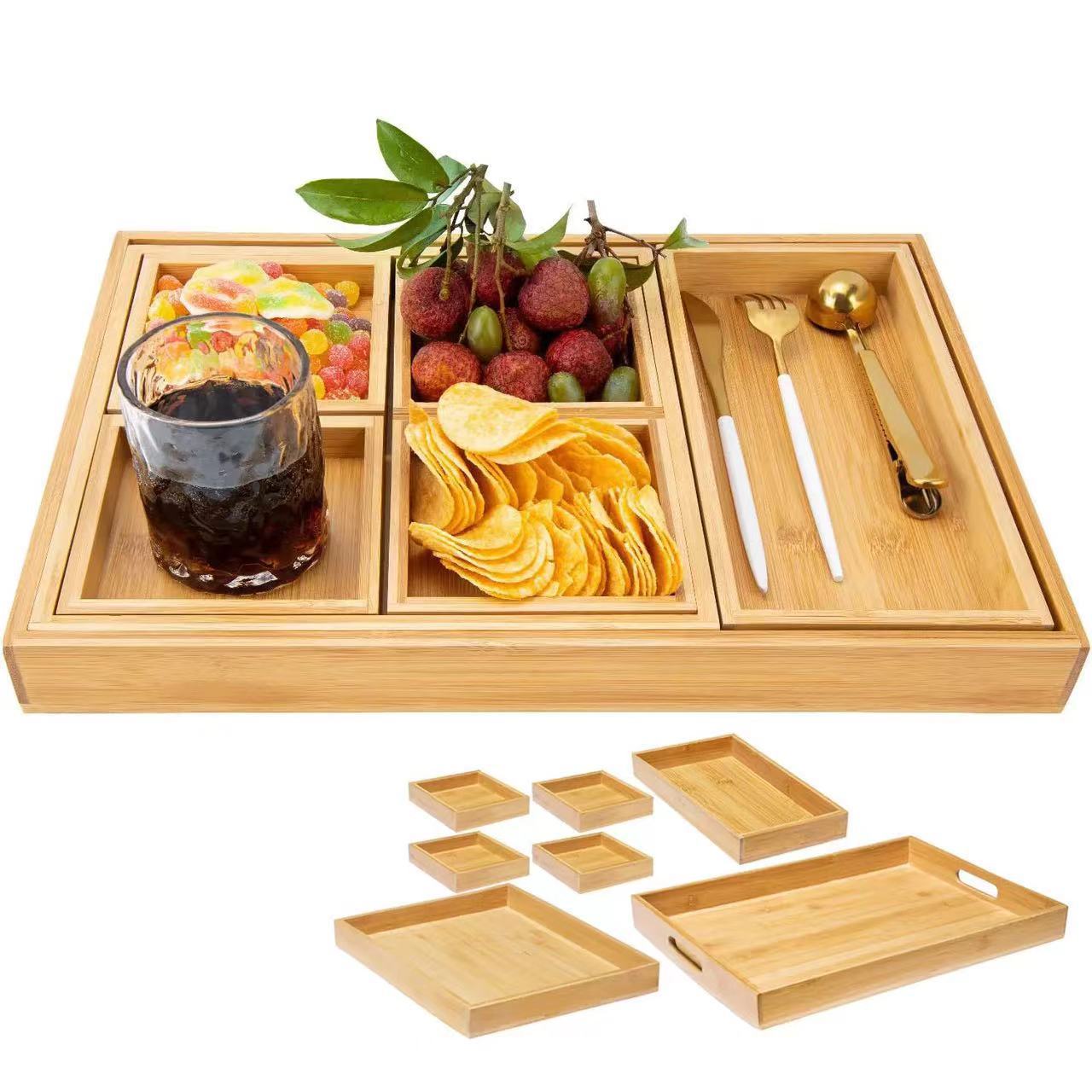 竹制长方形分格茶盘托盘实木客厅零食盘桌面杂物收纳整理盘