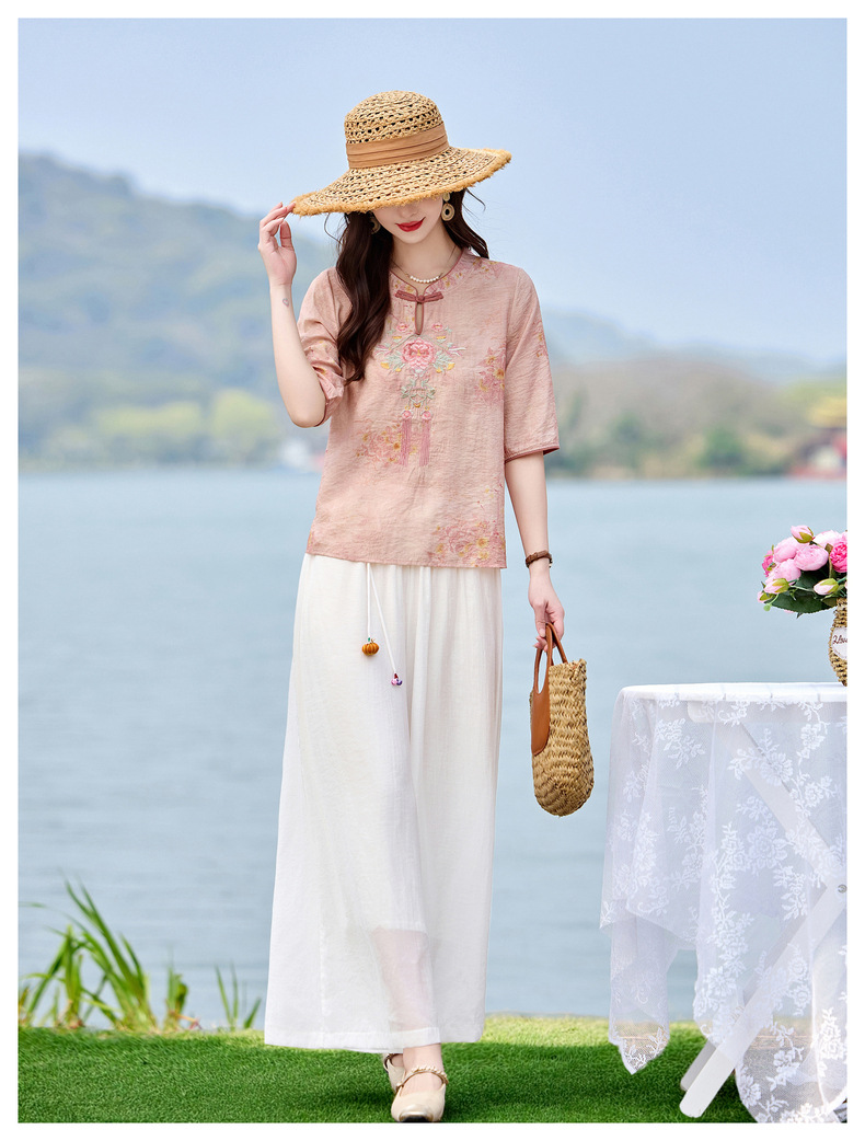Bộ quần áo nữ hai mảnh sơ mi thêu họa tiết quốc phong kết hợp quần ống đứng MM6617 — xanh lam, Màu hồng chi tiết 12