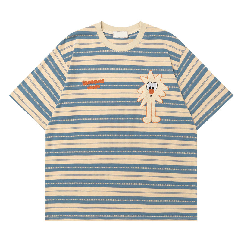 vintage American Style Retro College Style Striped Sports Short-sleeved T-shirt Men's vintage Street Couple's Ins Top