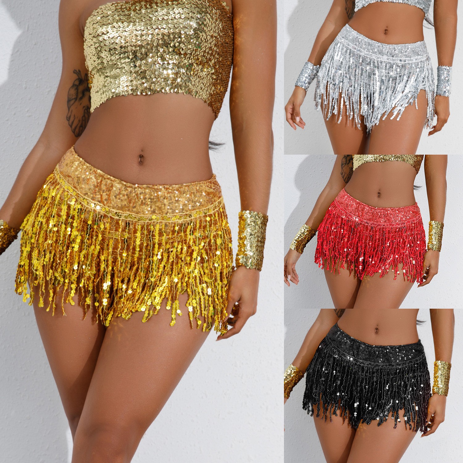 699# sequin skirt tassel skirt Latin dance skirt stage ds performance dress female sequin tassel shorts bar performance dress