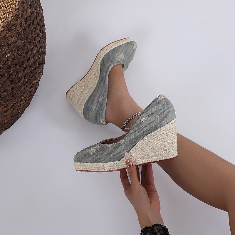 Holiday Style wedge platform high heel pointed shallow mouth single-layer shoes women's straw woven hemp rope bottom denim casual AliExpress
