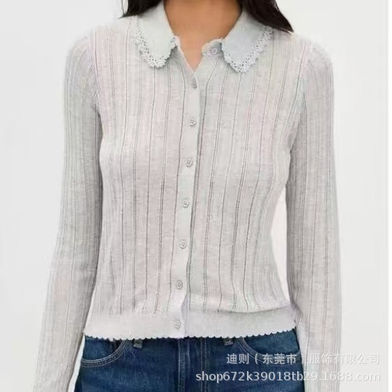 小众  2025秋季新款法式减龄蕾丝花边修身纯色翻领针织开衫上衣女|undefined