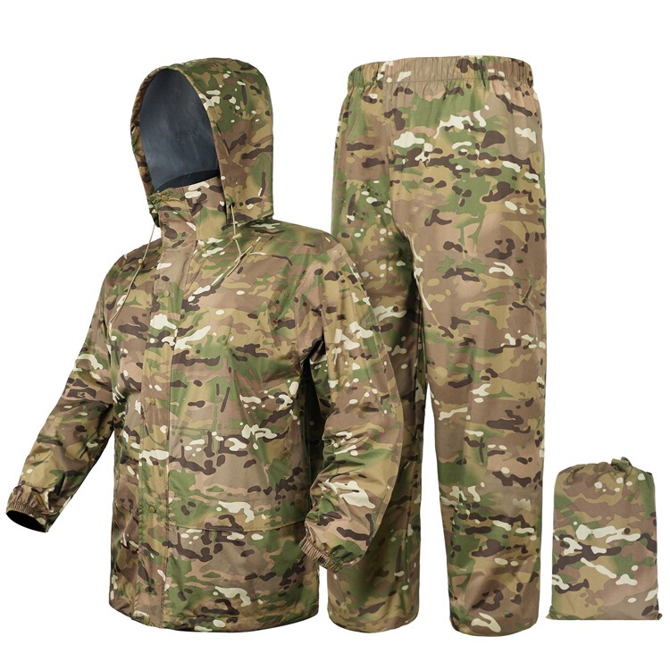 Outdoor Split Camouflage Raincoat and Rain Pants Set for Hunting, Rainproof, Cycling and Fishing with Reflective Strips, Lightweight Raincoat