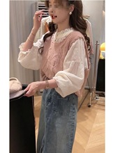 2024秋季新款薄款长袖蕾丝木耳边衬衫上衣女针织背心马甲两件套潮