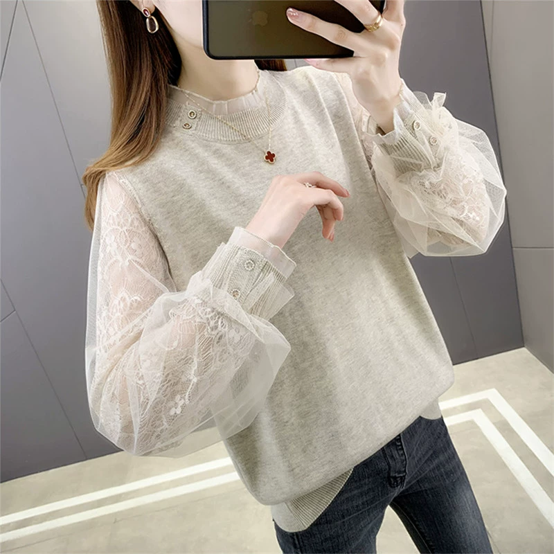 Трансграничная Внешняя торговля Весенняя одежда Женский свитер Базовая рубашка с рукавом из пряжи Трикотажная рубашка Весна и осень Тонкий кружевной топ в западном стиле