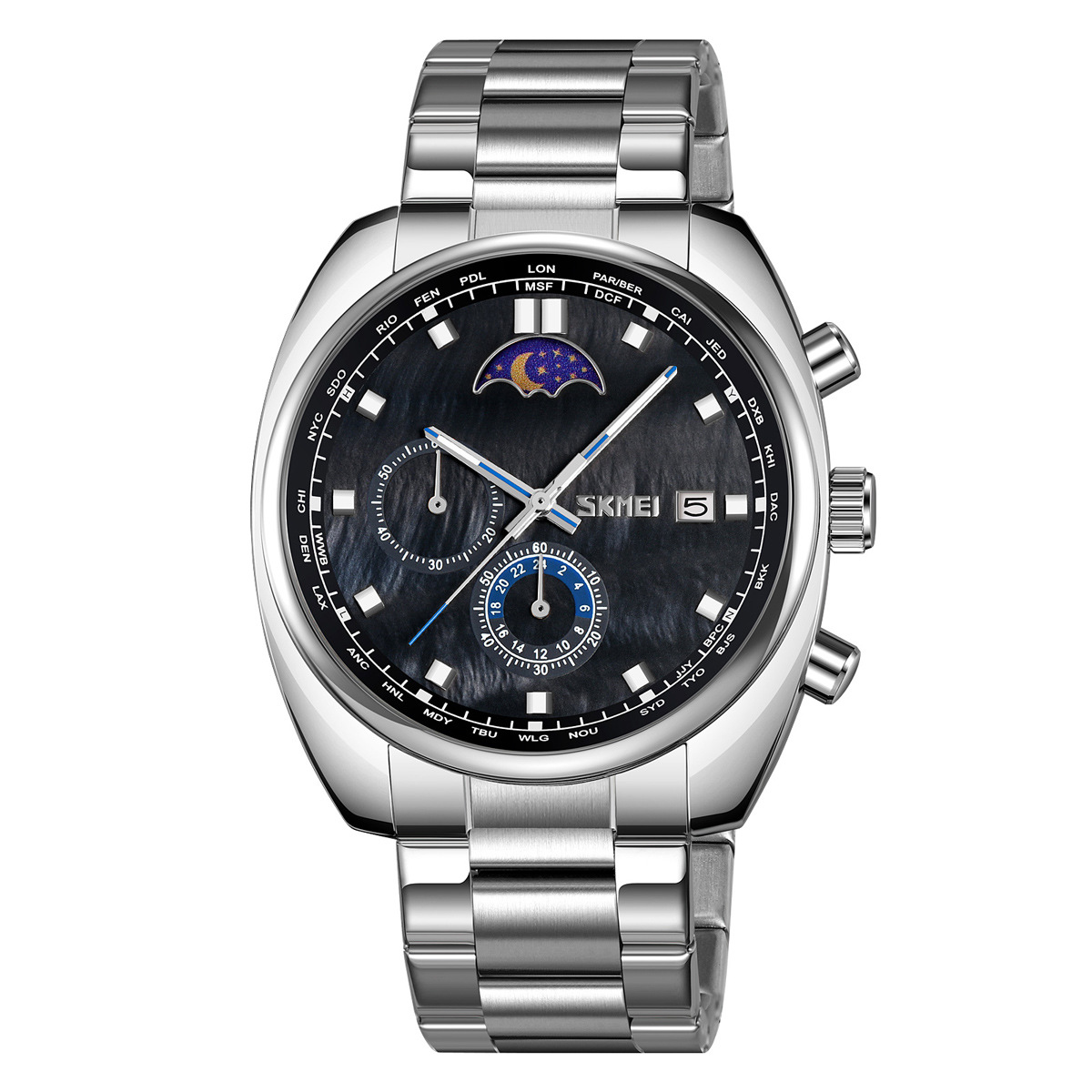 Momento transfronterizo multifuncional reloj de hombre nocturna impermeable reloj de cuarzo fase lunar fuente de fábrica mayorista