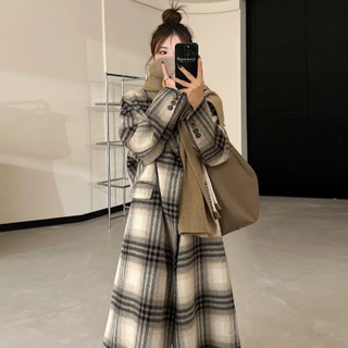 2023加厚秋冬新款长毛高级感韩系格子双面大衣女加长款呢外套