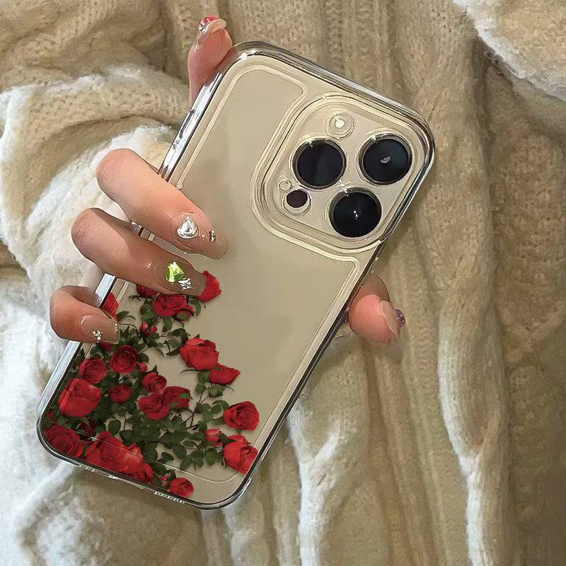 Art Red Rose para iphone16promax funda para teléfono móvil transparente Apple 15 anti-caída 14pro Japón y Corea 13x