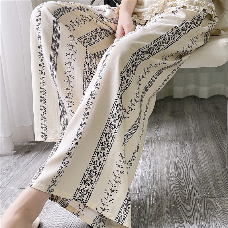 Pantalones de pijama de seda de algodón para mujer Pantalones de pierna ancha casuales impresos de dibujos animados delgados de verano las mujeres embarazadas pueden usar pantalones de comercio exterior pantalones de una sola capa