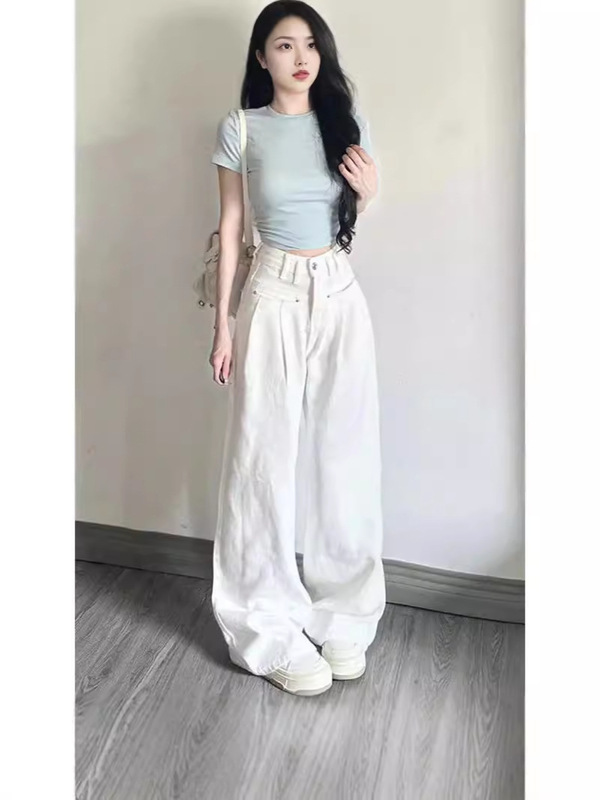 Ultra-High-Waisted Straight-Leg Jeans for Women, Spring and Autumn 2025 New American Design Pleated Wide-Leg Casual Pants