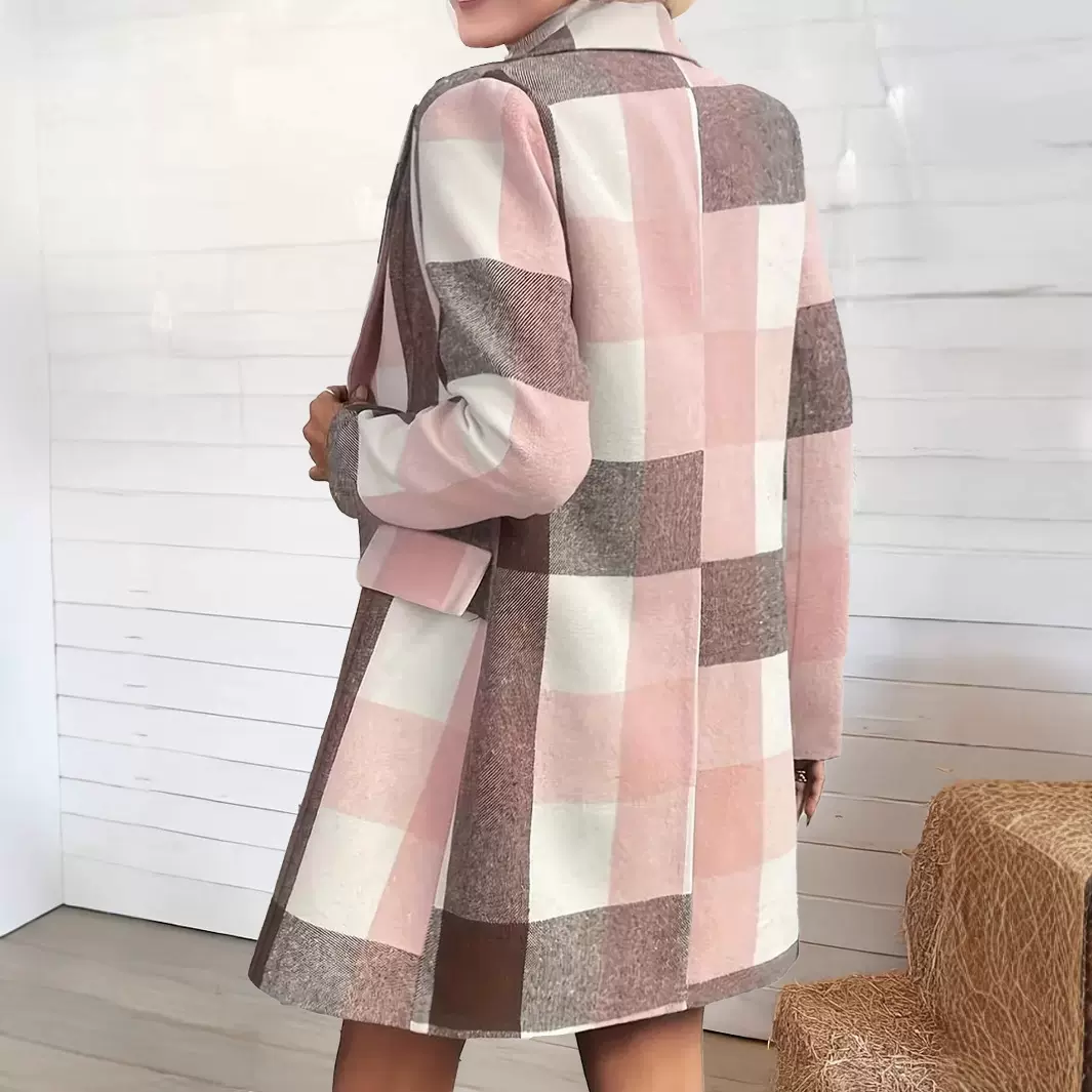 亚马逊跨境欧美中长款秋冬厚夹克大衣新款格纹外套拼色
