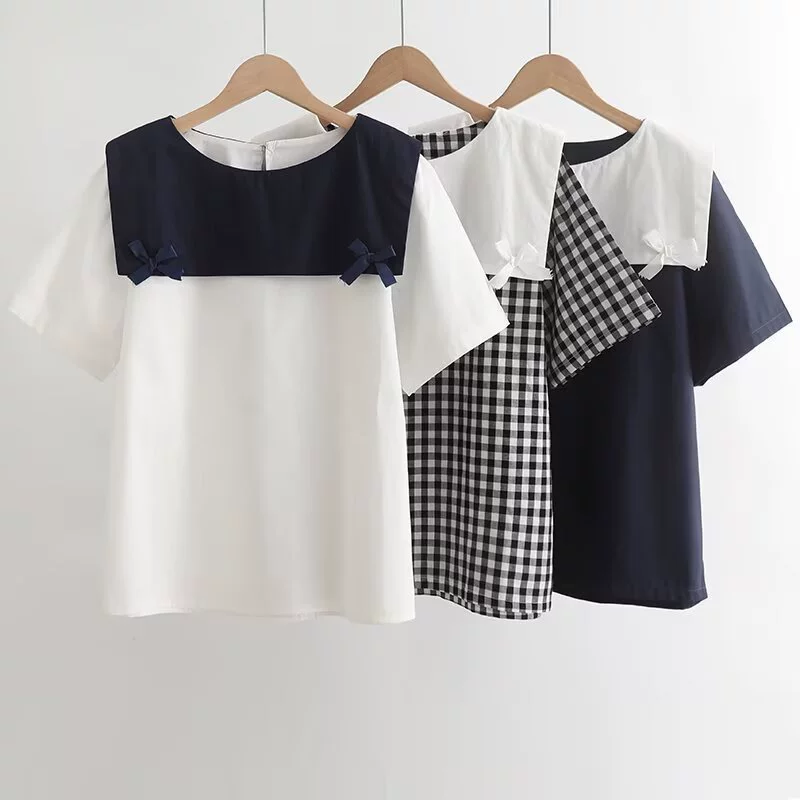 2025 лето новый военно-морской воротник лук свободный женский пуловатый рубашка с короткими рукавами оптом