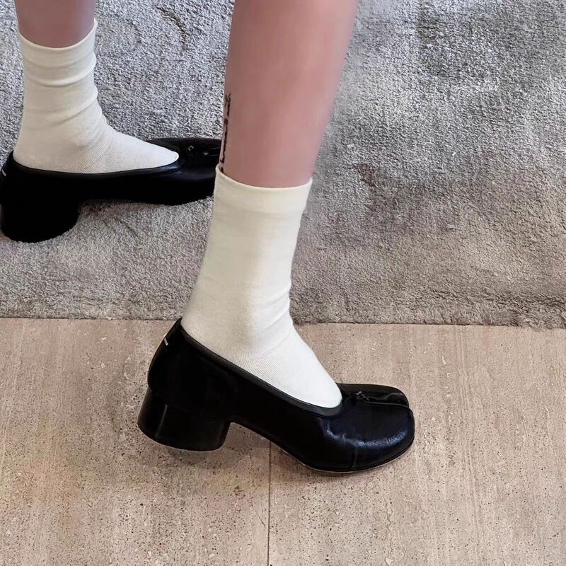 Sheepskin Version ~ Genuine Leather Niche Thick Heel Shallow Mouth Slip-On Shoes for Women, Pig Trotter Shoes, Horseshoe Split-Toe Shoes, Mary Jane Shoes