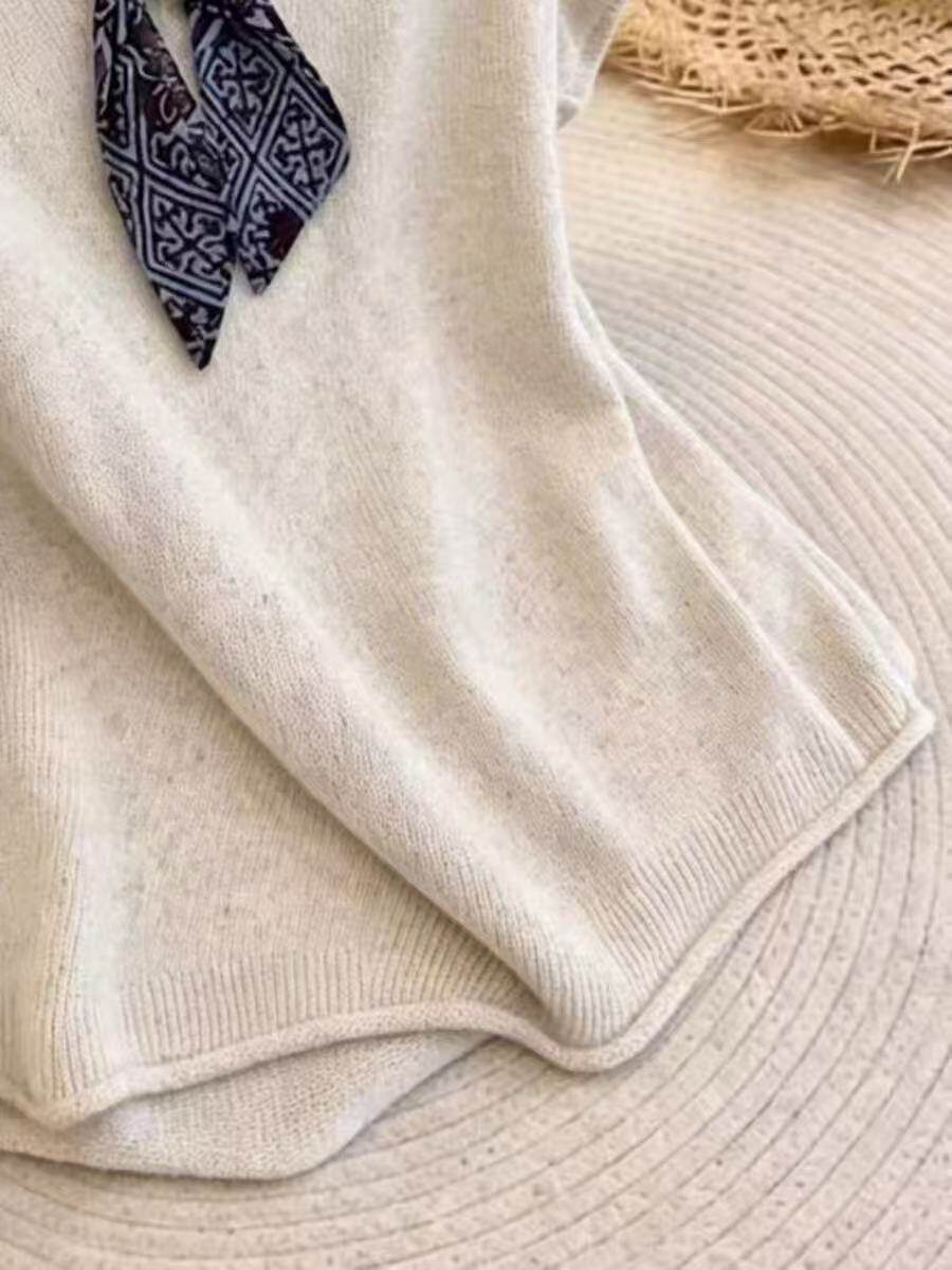 Áo thun nữ cổ polo phối khăn lụa tay ngắn bay nhẹ — màu be