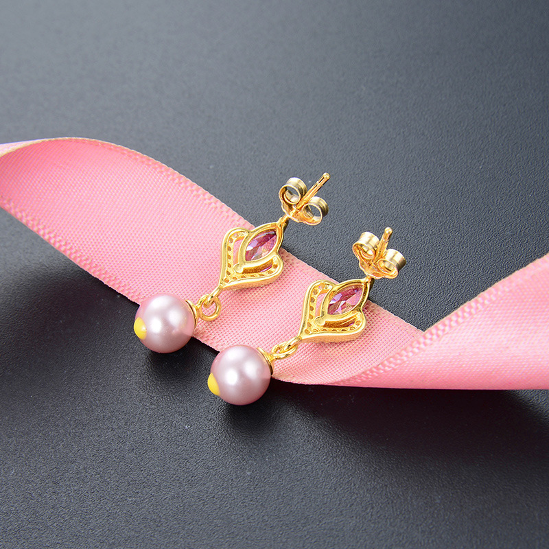 Transfronterizo S925 plata francesa temperamento perlas pendientes de perlas mujeres viento diamantes pendientes púrpura al por mayor