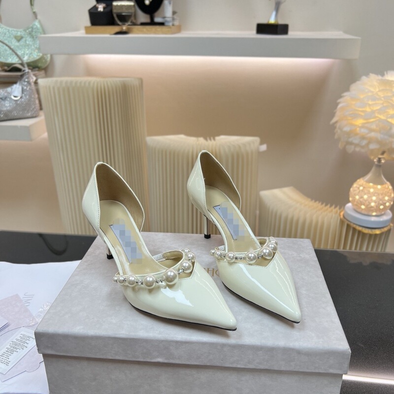 New Foreign Trade Model Jimmy French-Style Pearl Black Stiletto Sandals Ol Versatile Elegant Socialite Hollow-Out Single Shoes for Women