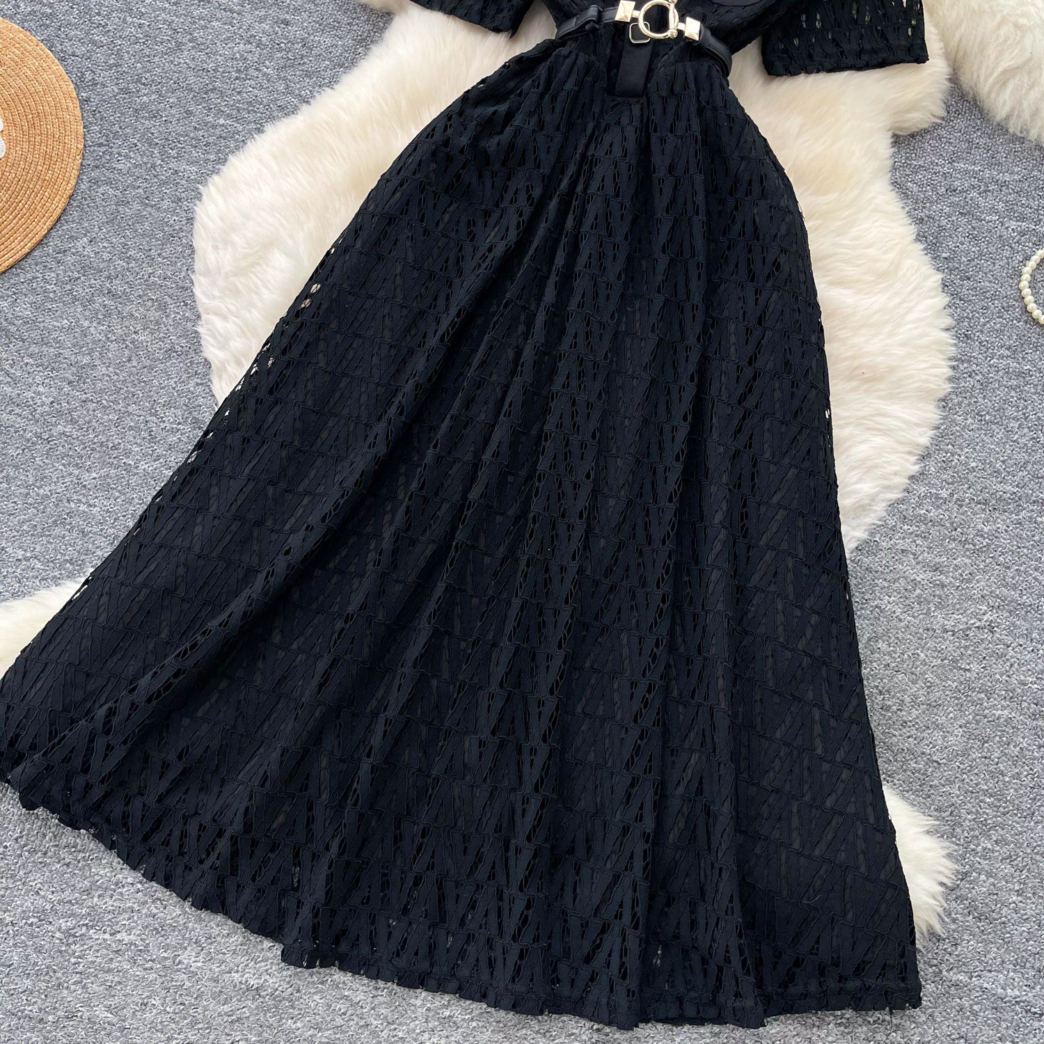 French-Inspired Lace Dress With Tie Waist - Elegant Black A-Line Midi Dress For Women_ecoleips.com