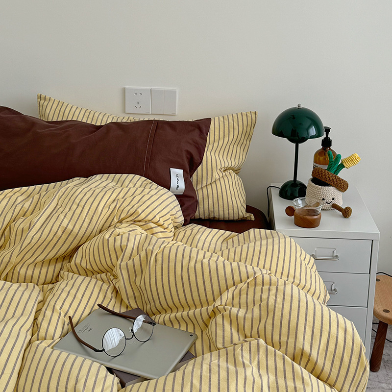 Set di biancheria da letto a quattro pezzi in puro cotone a righe, stile nordico francese minimalista retrò nordico in stile Instagram, lenzuolo e copripiumino in cotone misti e abbinati, 3 pezzi_voghion.com