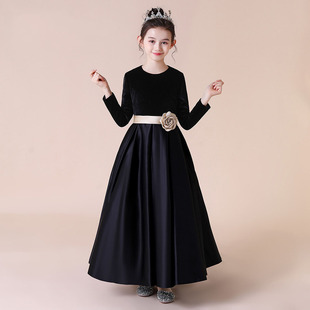女童黑色丝绒晚礼服2025秋季简约长袖加厚钢琴演出服儿童走秀礼服-阿里巴巴