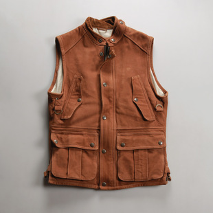Hunter's Hunting Outfit Genuine Leather Vest Men's Stand-Up Collar Motorcycle Multi-Pocket Thickened Goat Leather Work Vest