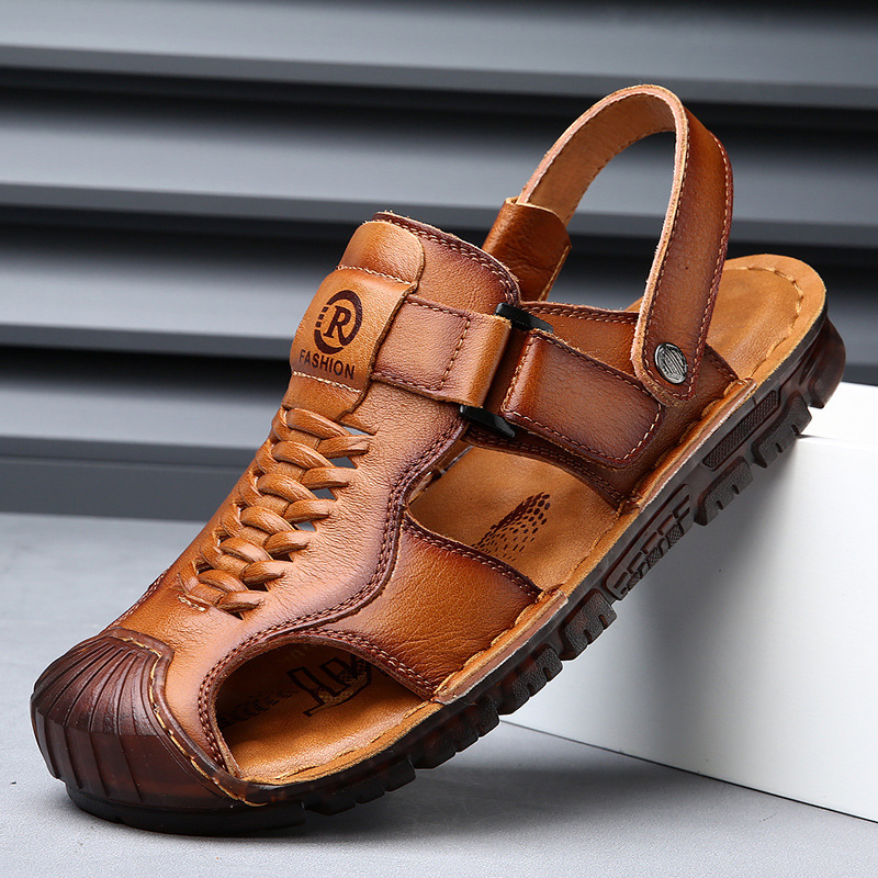 First-Layer Cowhide Sandals for Men, Summer Outdoor Casual Beach Shoes, Men's Genuine Leather Cow Tendon Sole Closed-Toe Men's Sandals