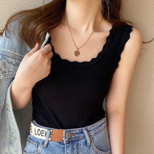 Ruffle Strap Design Minority Outerwear Suit Knitted Underwear Vest Women's Short Sleeveless Vest Top 