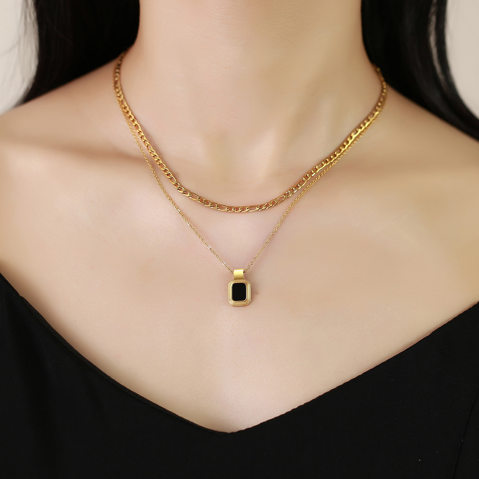 Lady Stripe Stainless Steel Titanium Steel Plating Inlay Shell Layered Necklaces_colorza_4