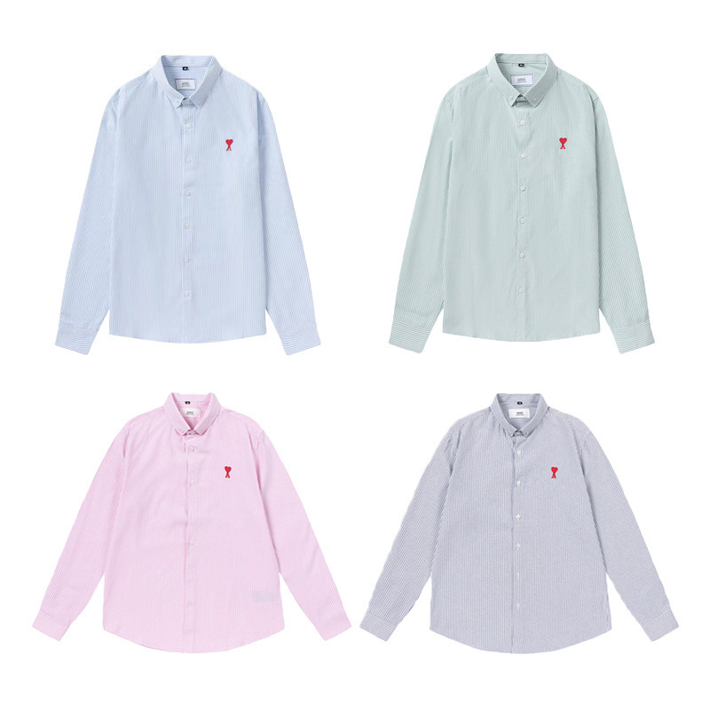 Am Red Small Heart Embroidered Shirt Striped Solid Color Cotton Long-Sleeve Shirt Casual Loose Fit Unisex Am Red Small Heart Embroidered Shirt Striped Solid Color Cotton Long-Sleeve Shirt Casual Loose Fit Unisex