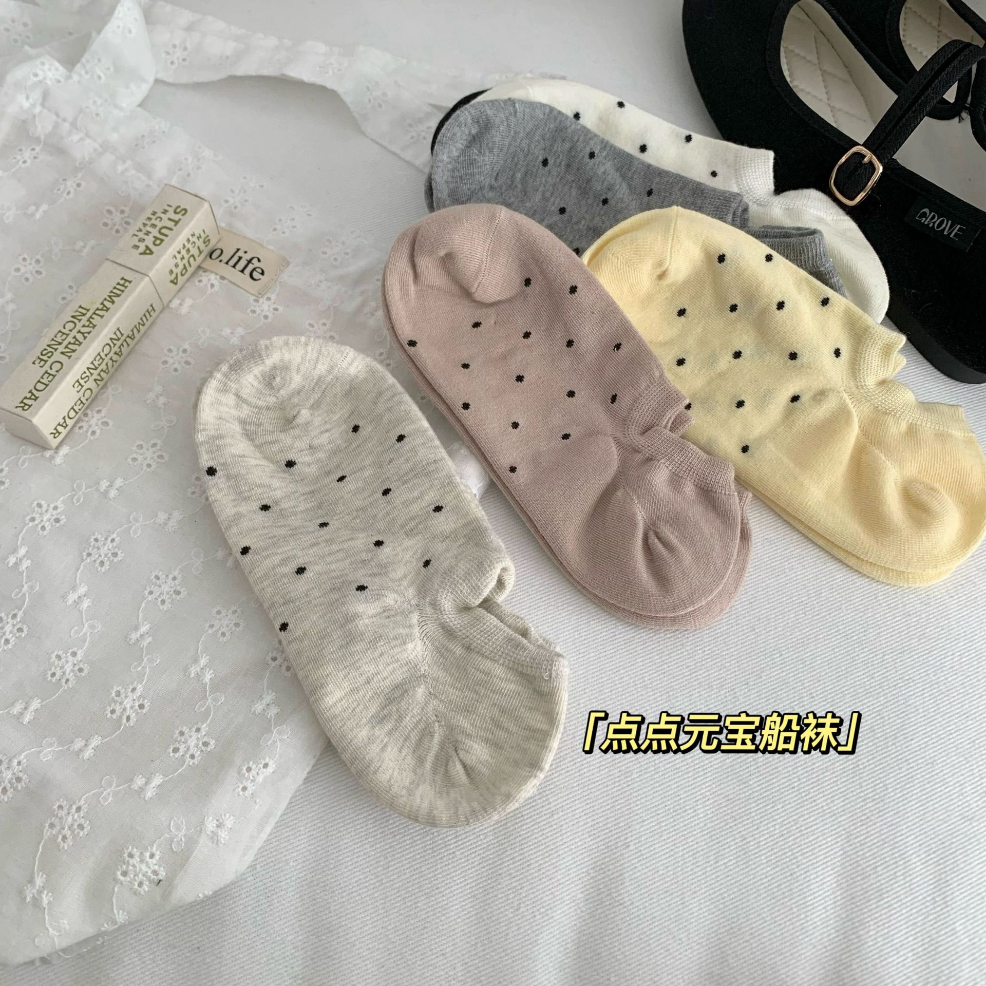隱形白色淺口襪子女夏季薄ins潮波點船襪不掉跟短襪圓點棉襪批發