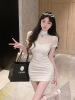 Mesh splicing slim fit waist wrap buttocks short sleeved high-end exquisite dress