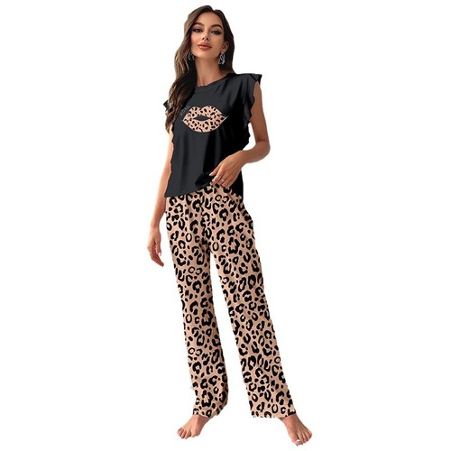 European and American Style Leopard Print Lip Embroidered Short Sleeve Pants Set Women's Homecoming Dress Can Be Worn Outside Pajamas