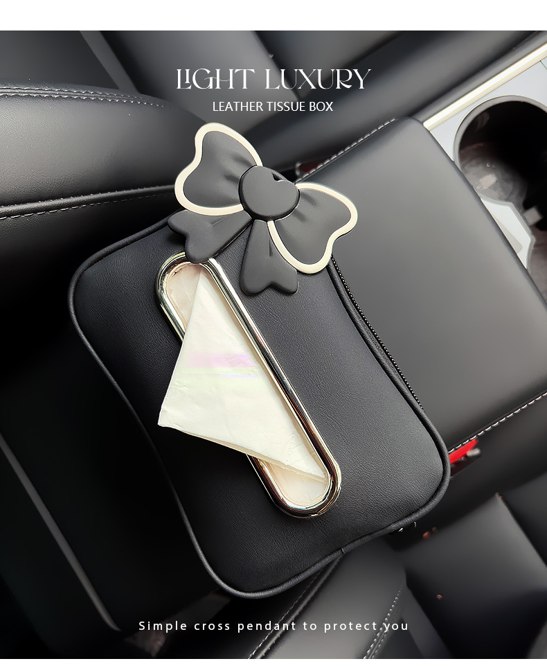Car Tissue Box Bow Leather Car Seat Back Hanging Female Tissue Box Multi-Functional Armrest Box Tissue Box Cover