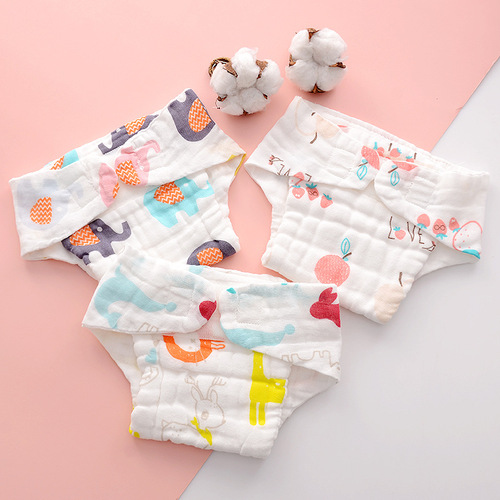 Pure cotton diaper pants cartoon printed diaper three-dimensional anti-side leakage waterproof diaper pants infant gauze diaper