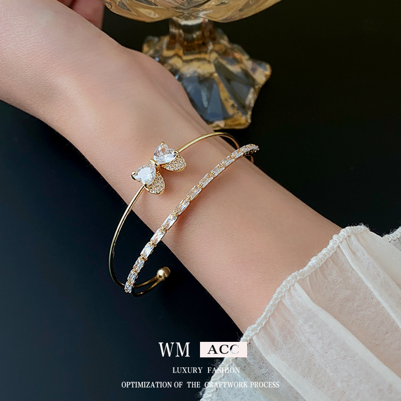 Zircon amor arco pulsera de doble capa ligera lujo fría viento versátil pulsera alta sensación fábrica de joyas de moda
