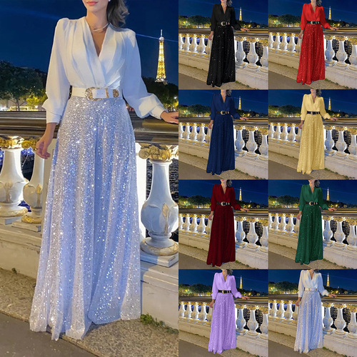 Cross-border European and American-style new fashion V-neck long-sleeved shirt with elegant temperament, waist-defined slimming effect, and sequined wide-leg pants—complete with a belt.