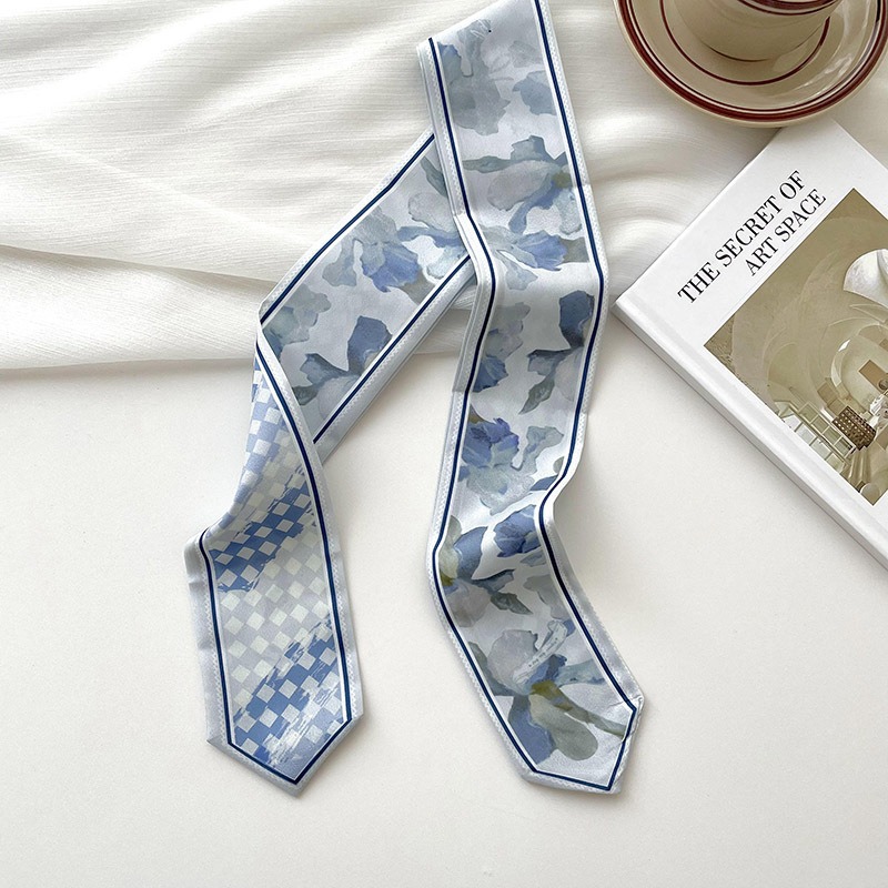 Bufandas de seda delgadas y largas para mujeres primavera y verano multifuncional bolsas de pelo atadas de pañuelo decorado correa de pelo tocado de correa