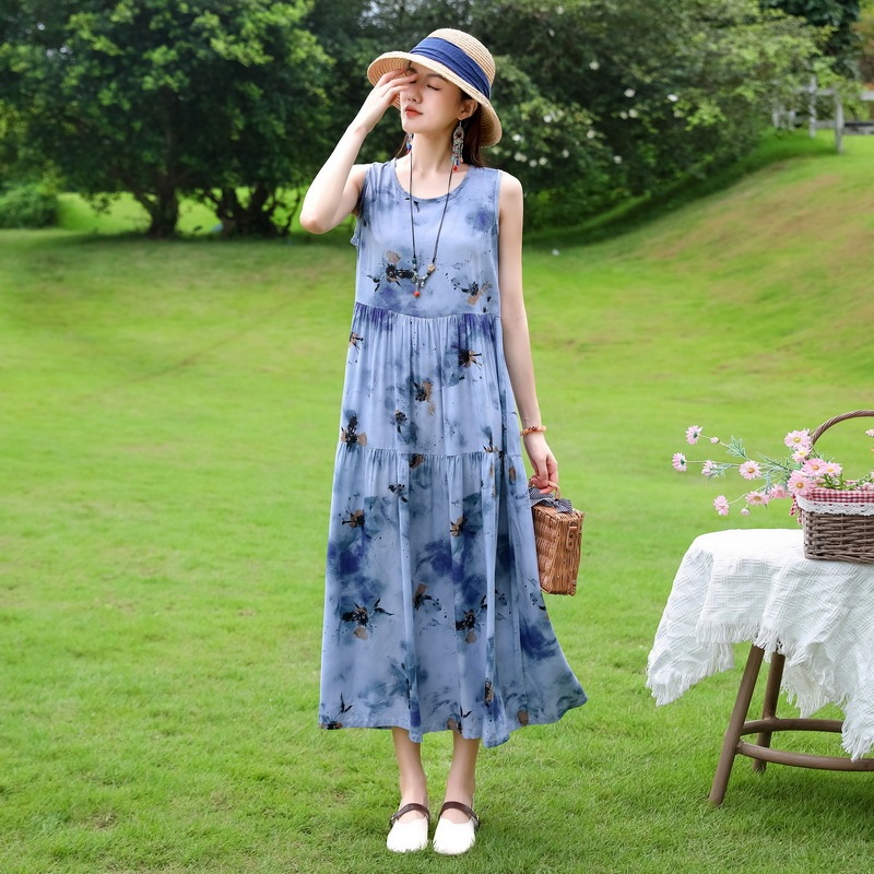 ノースリーブの若い女性の綿シルクドレス夏の海辺の休暇プラスサイズの膝丈ビーチドレス|undefined