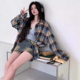 2024新款初秋美式慵懒风格子衬衫外套女秋冬季衬衣小个子长