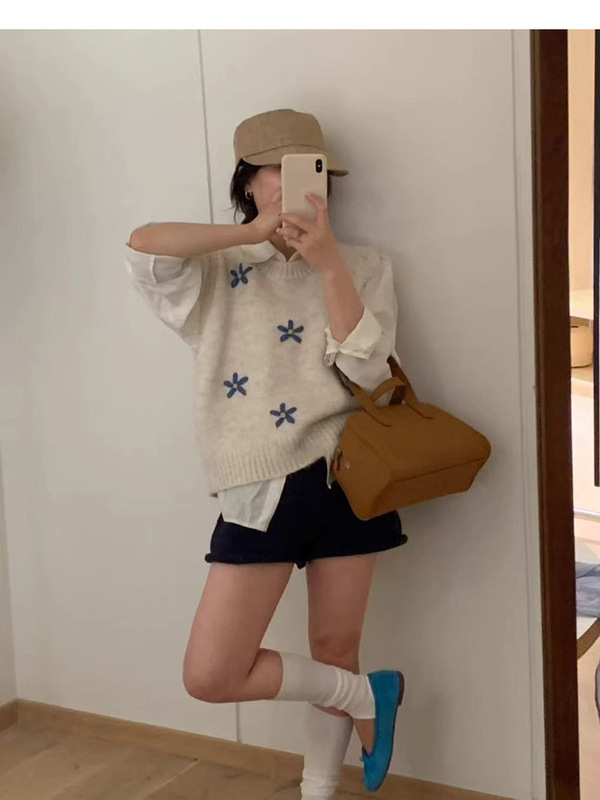 韩系刺绣无袖针织背心马甲女春秋季外搭叠穿圆领毛衣叠穿坎肩马夹|undefined